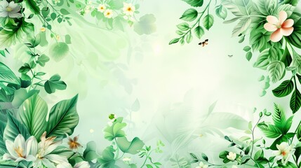 A technology template is visually softened by soft flowers and fresh green leaves, merging tech with organic elements, blank frame template sharpen with large copy space