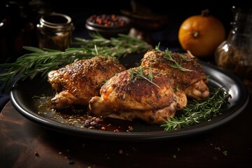 a plate of chicken breast and herbs on a table.