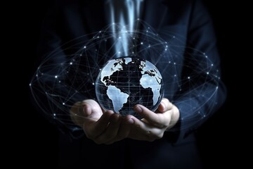 a man holds a globe in his hands.