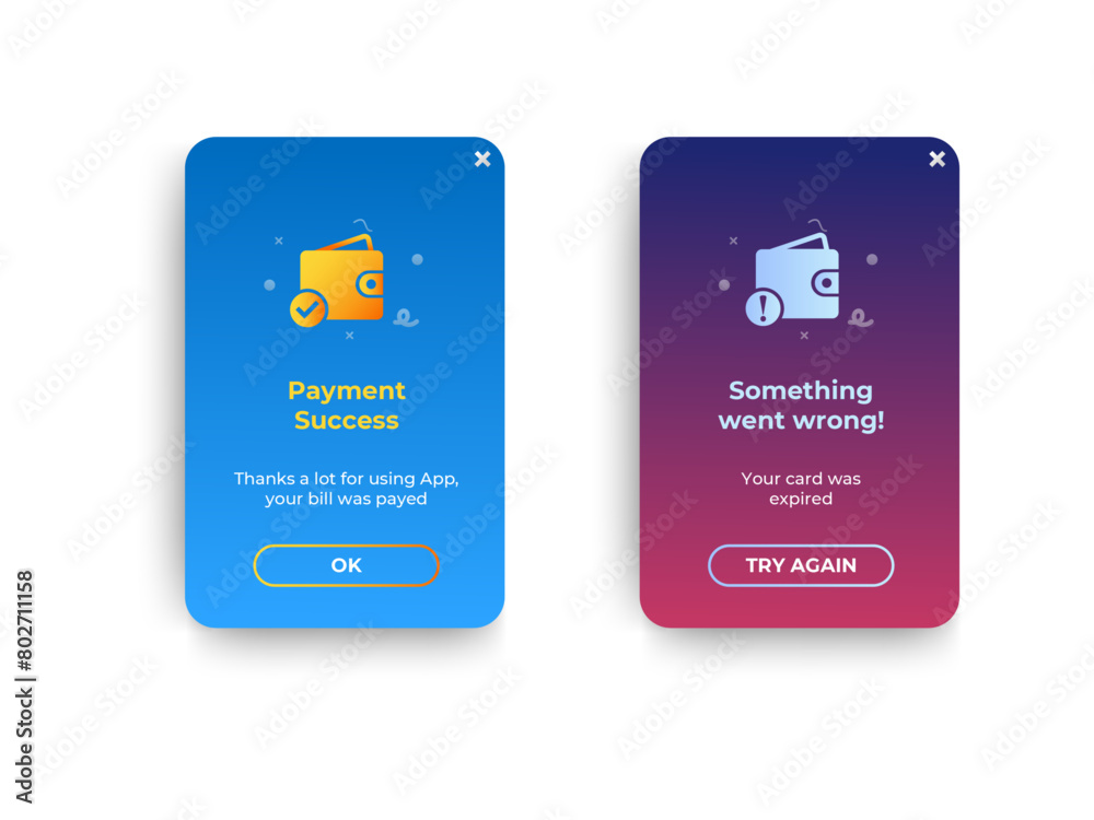 Poster set of payment pop up notification ui design for website, mobile or app. vector