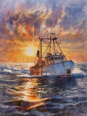 Watercolor painting of a fishing boat. The fishing boats go out to catch fish in the evening. Use for phone wallpaper, posters