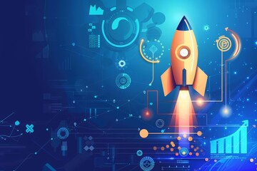 An innovative tech startups milestones are charted on the creative banner of progress, underscored by a futuristic blue background - Powered by Adobe