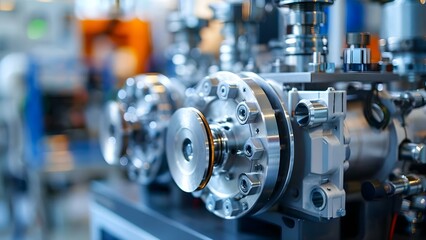Closeup image of chromatography pump showcasing intricate mechanical parts for fluid control. Concept Mechanical Components, Fluid Control, Laboratory Equipment, Closeup Photography