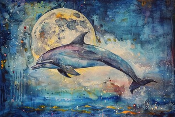 Watercolor painting of a dolphin on a full moon night. Dolphins are mammals that can live in the sea,
 fresh water, and brackish water. Use for wallpaper, posters, postcards.