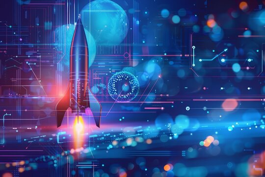 An innovative tech startups milestones are charted on the creative banner of progress, underscored by a futuristic blue background