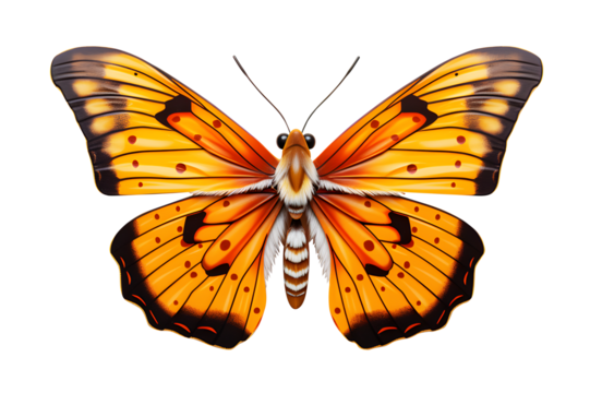 Picture watercolor of multicolored orange butterfly drawing colorful perch isolated on cut out PNG or transparent background. Realistic clipart template pattern. For fabric texture design. work of art