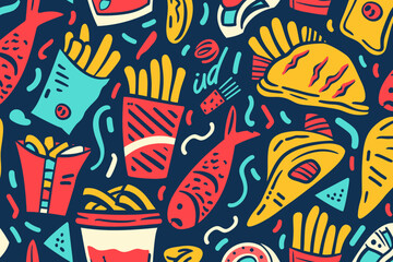 A digital illustration of retro fish and chip pattern