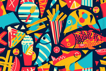 A digital illustration of retro fish and chip pattern