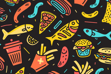 A digital illustration of retro fish and chip pattern
