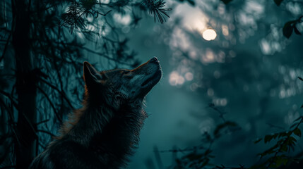 A contemplative wolf in a serene forest as dusk settles with the moon in the background