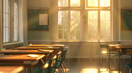 empty classroom with sunlight streaming through windows