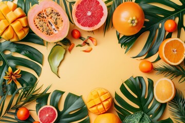 Creative flat lay template of assorted tropical fruits, highlighting summer flavors and freshness, with solid background and copy space on center