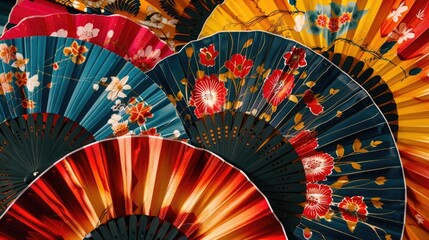 Background with colorful Spanish fans with floral designs