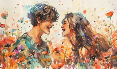 Watercolor painting of young love. Love is a powerful force that can change our lives. Love can make us
 happy, warm our hearts, and feel valuable. Use for wallpaper, posters, postcards, brochures.