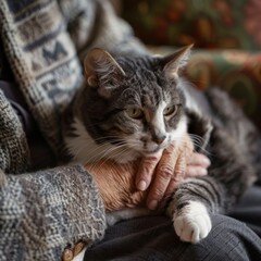 Gentle Bond: Elderly Hands Holding a Tabby Cat