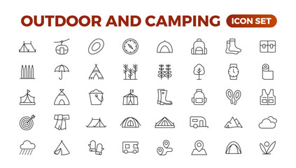 Camping and outdoor activities isolated icons set. Set of tent, camper van, trailer, sleeping bag, canoe, camp equipment, fishing boat, backpack, compass, tools, flashlight, campfire vector icon set.