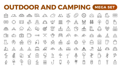 Camping and outdoor activities isolated icons set. Set of tent, camper van, trailer, sleeping bag, canoe, camp equipment, fishing boat, backpack, compass, tools, flashlight, campfire vector icon set.