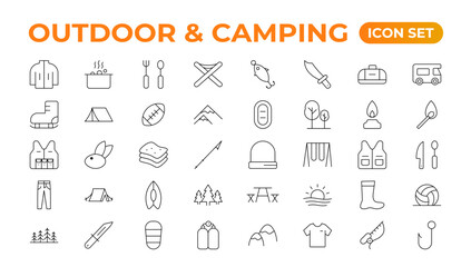 Camping and outdoor activities isolated icons set. Set of tent, camper van, trailer, sleeping bag, canoe, camp equipment, fishing boat, backpack, compass, tools, flashlight, campfire vector icon set.
