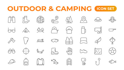 Camping and outdoor activities isolated icons set. Set of tent, camper van, trailer, sleeping bag, canoe, camp equipment, fishing boat, backpack, compass, tools, flashlight, campfire vector icon set.