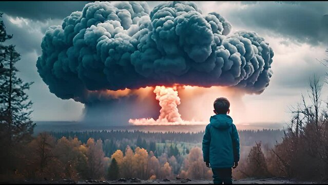 Young observer amidst the devastating blast cloud