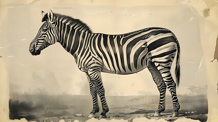 Naklejka premium Old lithograph of a zebra or plains zebra. Concept Black and white lithograph, Vintage wildlife art, Animal illustrations, Antique zebra print
