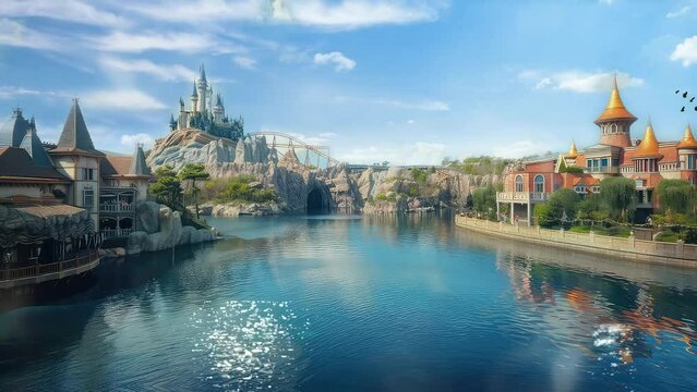 Animation big amusement park like city. seamless 4k video looping background. generated with ai