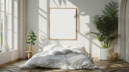 Light bedroom rustic interior is enhanced by a square blank poster frame mock up, creating a serene and inviting atmosphere, 3D render sharpen