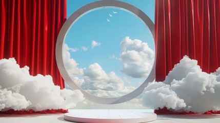 Red curtain and clouds flying in front of circle shape create a dramatic and engaging theatrethemed background, Sharpen 3d rendering background