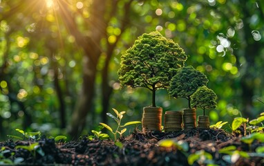 Sunlight filters through leaves of a tree growing from stacked coins, symbolizing financial growth and sustainable investment