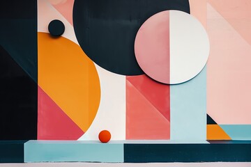 Capture the essence of modernity with an eye-level angle showcasing sleek, abstract shapes in a trendy color palette Think bold, geometric compositions with a touch of minimalism