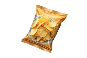Isolated Bag of Potato Chips: A bag of potato chips isolated on a transparent background, featuring a crunchy texture and various flavors, ideal for snack menus and convenience store advertisements.
