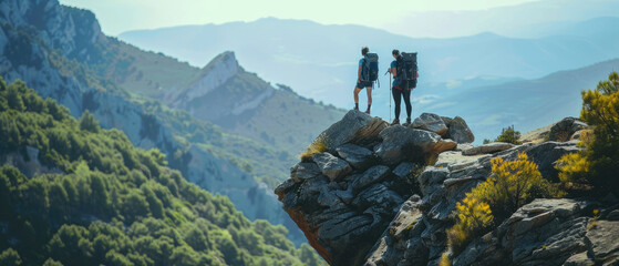 Multiethnic men hiking on top of rocks in dynamic summer atmosphere, god rays and beautiful weather