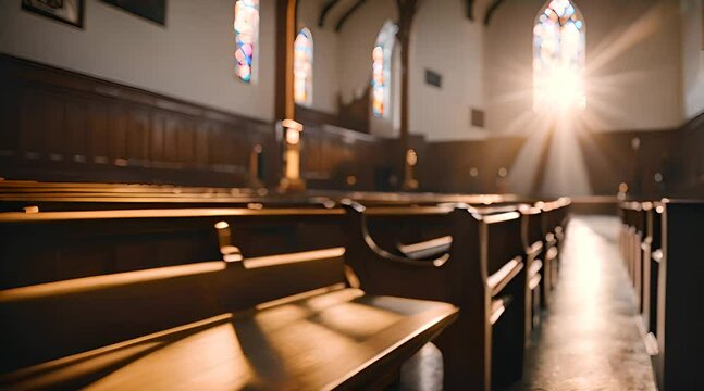 Sun rays filtering through the stained glass at the old church