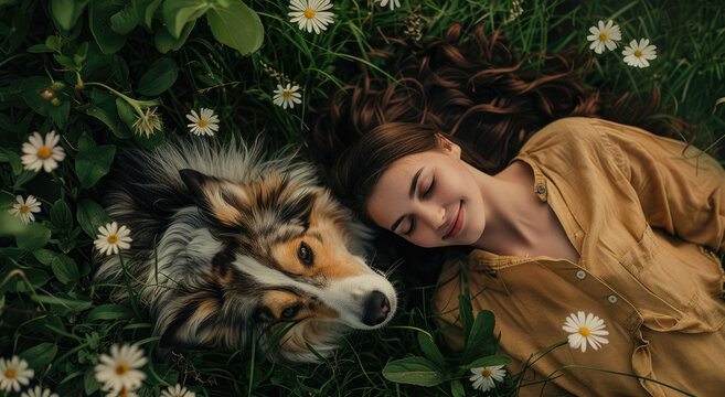 A Beautiful Woman With Long Brown Hair Laying On The Grass Next To Her Border Collie Dog, Smiling At The Camera, Top View, Spring Time, Flowers, Green Field