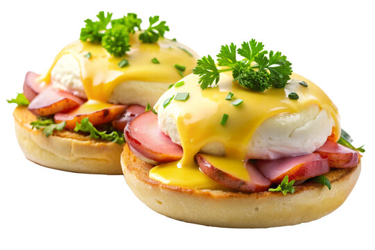 Isolated Plate of Eggs Benedict: A plate of eggs Benedict isolated on a transparent background, featuring poached eggs, Canadian bacon, English muffins, and hollandaise sauce, perfect for brunch menus