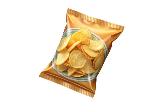 Isolated Bag of Potato Chips: A bag of potato chips isolated on a transparent background, featuring a crunchy texture and various flavors, ideal for snack menus and convenience store advertisements.
