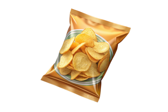 Isolated Bag of Potato Chips: A bag of potato chips isolated on a transparent background, featuring a crunchy texture and various flavors, ideal for snack menus and convenience store advertisements.
