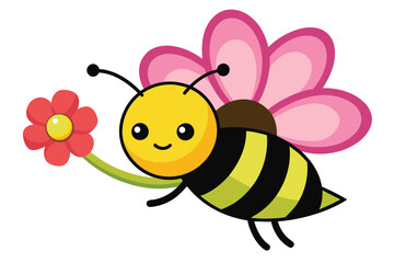 Solid color cute bee carrying a big pink flower vector design