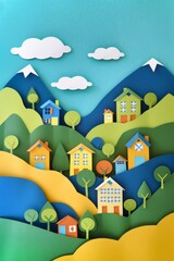 Green rolling hills with trees paper cut out art style with silhouettes of city buildings and windmills. Green energy theme. Generative AI