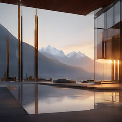 amazing design house in cold weather with mountains on the background