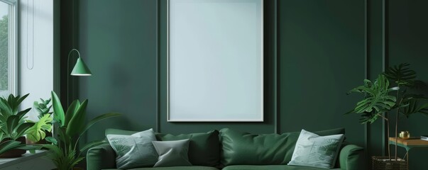 The photography frame mockup stands out in a dark green living room interior, adding depth and focus, 3D render sharpen