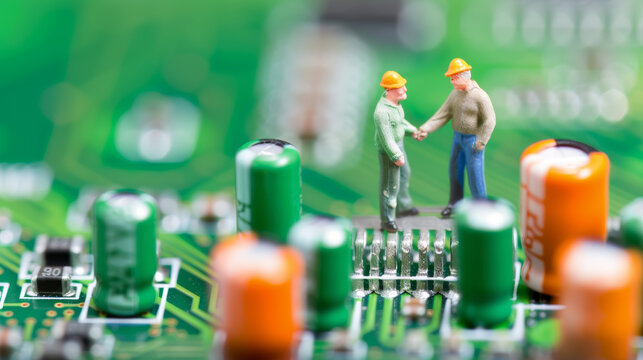 miniature workers on circuit board handshake - Powered by Adobe