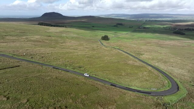 Slemish Mountain in County Antrim Northern Ireland. Aerial 50fps UHD