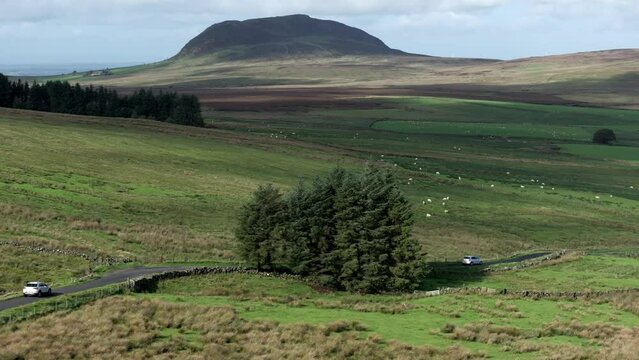 Slemish Mountain in County Antrim Northern Ireland. Aerial 50fps UHD