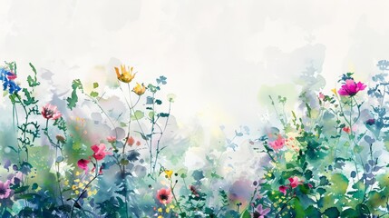 Obraz premium Watercolor painting of wildflowers borders the canvas, illustrating a serene, artistic creative template, blank frame template sharpen with large copy space