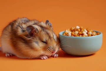 Adorable hamster sleeping beside a bowl on a warm orange backdrop