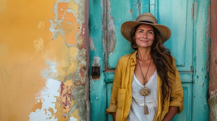 Confident woman in her 40s with a stylish hat posing against a colorful backdrop