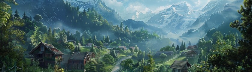 The image is a beautiful landscape of a valley in the mountains