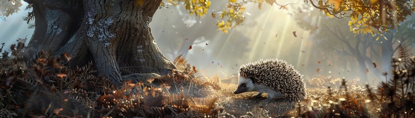 The image is a photo of a hedgehog in the forest
