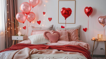 Interior of festive bedroom with cozy bed heartshaped